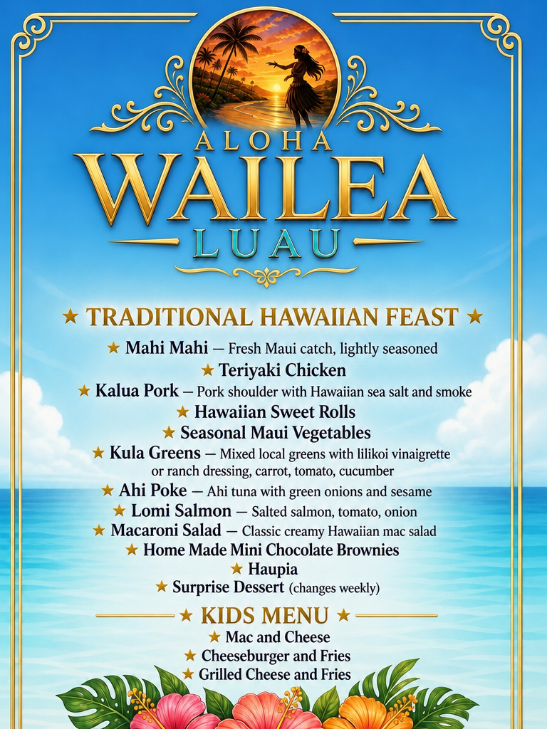 Aloha Wailea Luau Menu — Traditional Hawaiian Feast with Kids Menu